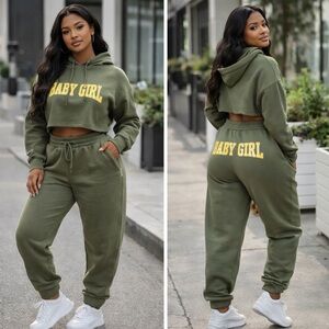 Olive Green Women's Hoodie and Jogger Set l Size Large